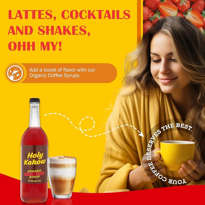 Holy Kakow Organic Strawberry Syrup - Strawberry Fruit Syrup for Hot or Cold Drinks, Dye Free, All-Natural, Simple & Flavorful, Non-GMO, Vegan, Gluten Free - 750 ml