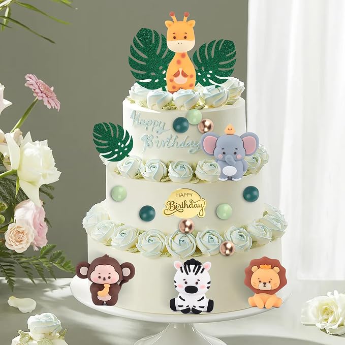 27PCS Safari Animal Cake Topper, Plam Leaves Balls Cake Decorations Birthday Cake for Wild Theme Birthday Decorations Supplies