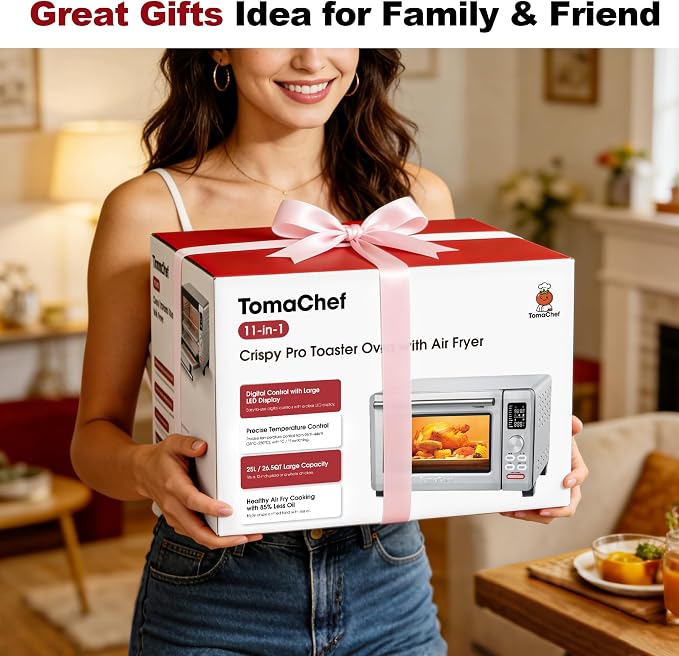 TomaChef Air Fryer Toaster Oven Combo, 26.5QT Large Capacity with Visible Window, 11-in-1 Countertop Toaster Oven, 85% Less Oil Healthy Cooker for Family, PFAS Free & Stainless Steel