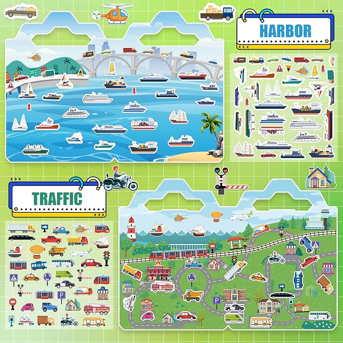 6 Pack Reusable Puffy Sticker Books, 250Pcs Kids Activity Stickers Ages 3+, Travel Sticker Book Dinosaur/Space/Traffic/Robot/Harbor/Construction for Boys Girls