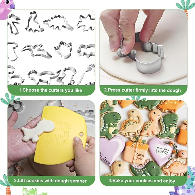 Dinosaur Cookie Cutter Set - 12Pcs Mini Cookie Cutters Variety Pack with Dough Scraper, Stainless Steel Cookie Mold for Biscuits, Fondant, Sandwiches and Pancakes