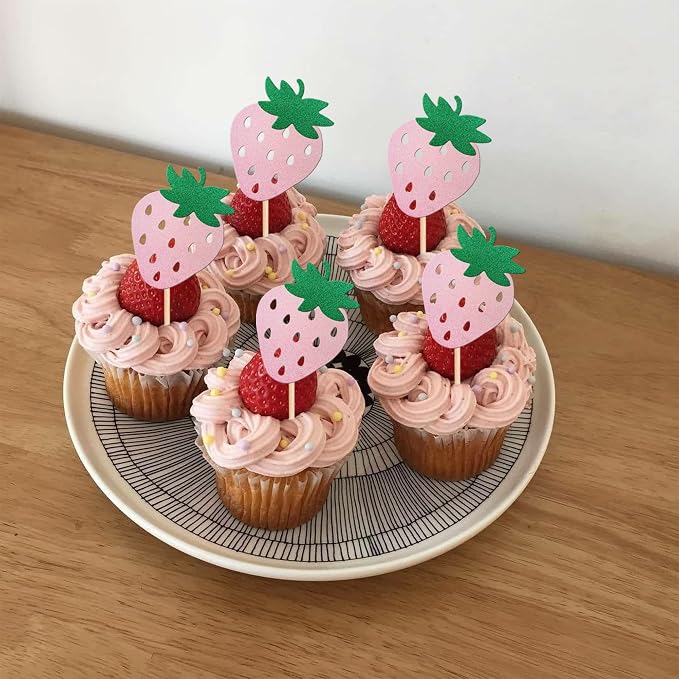 24 PCS Strawberry Cupcake Toppers Red Glitter Fruit Theme Berry Strawberry Cupcake Picks for Summer Sweet Fruit Baby Shower Kids Birthday Party Cake Decorations Supplies Pink
