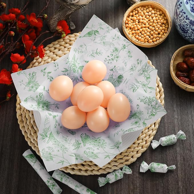 Feifeiya 200 Pcs Floral Wax Paper Sheet for Food Chinoiserie Bird Deli Paper Waterproof Sandwich Wrapping Greaseproof Food Basket Liners for Picnic Party Kitchen Supply, 9.8 x 8.7inch (Floral,Green)