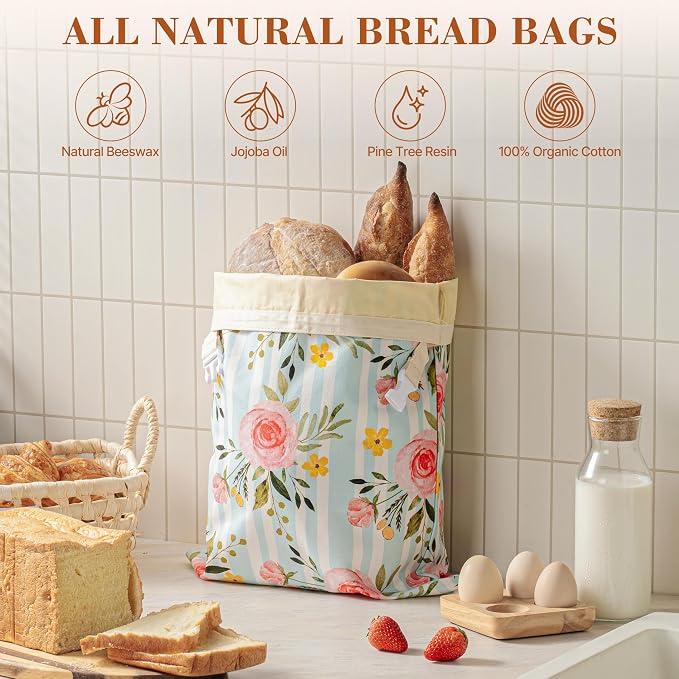 Beeswax Bread Bag, 2 Pack Sourdough Bread Bags, Reusable Bread Bags for Homemade Bread, Organic Cotton Beeswax Sourdough Bags, Wildwood Bloom Series