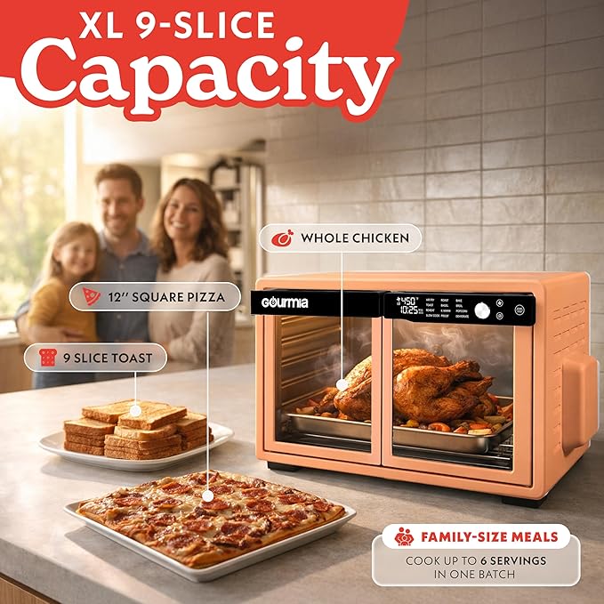 Gourmia French Door Air Fryer Oven - 37 Qt Large Capacity Convection Toaster Oven, FryForce 360°, Digital Display, 12 Cooking Presets, Dehydrate, Fits 13” Pizza, Dishwasher-Safe, Peach