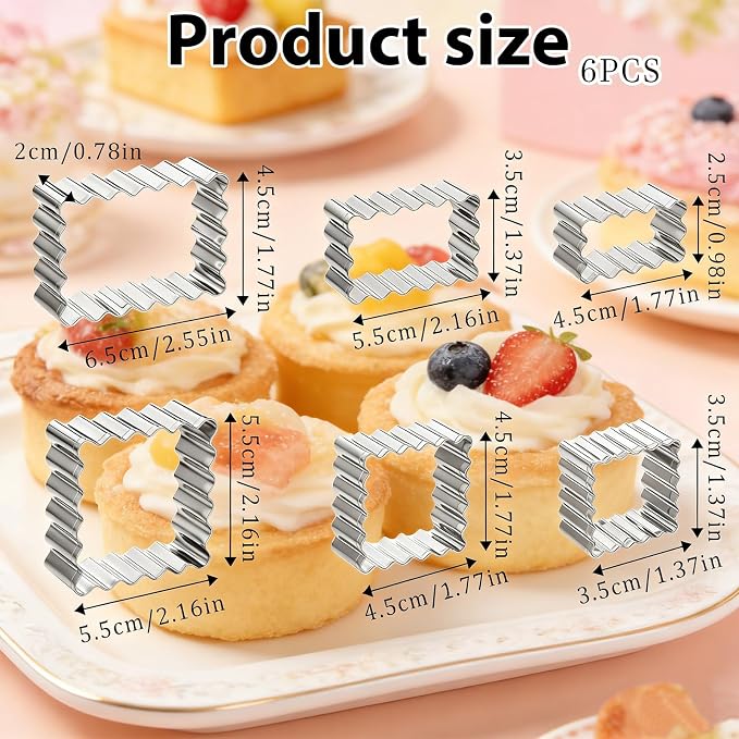 6 Pcs Scalloped Cookie Cutter Set, Square Cookie Cutter, Wavy Rectangle Cookies Cutters Set Scalloped Cutters Reusable Cookies Mold with Jagged Edge Design for a Special Event Holiday Everyday Treat