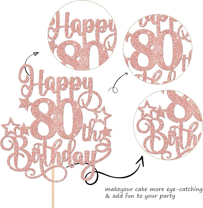 1 PCS Happy 80th Birthday Cake Topper Glitter Cheers to 80 Years Birthday Cake Pick Hello 80 Fabulous Cake Decoration for Happy 80th Birthday Anniversary Party Decorations Supplies Rose Gold