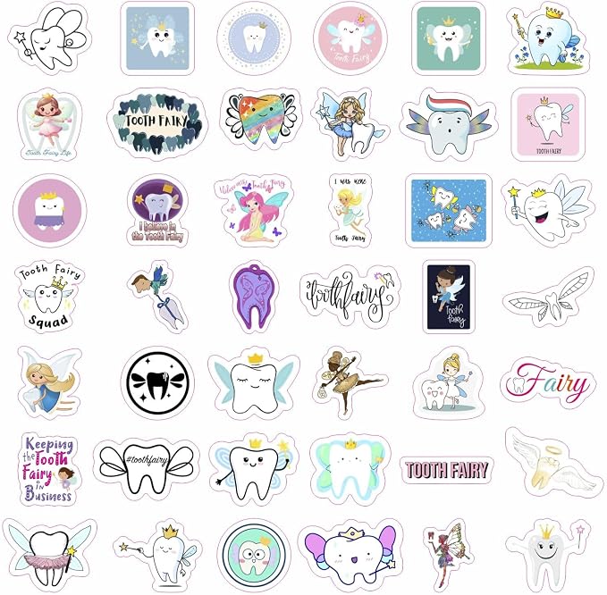 100Pcs Tooth Fairy Stickers for Water Bottle and Laptop - Tooth Fairy Party Supplies & Decorations, Waterproof Vinyl Decals, Dental and Fantasy Stickers, Gifts for Women & Men