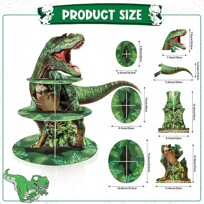 BACUTHY 2 Pack Cupcake Stand Dinosaur Birthday Party Decorations Favors, Dinosaur Cup Cake Toppers Towers Three Rex Baby Shower Supplies for Boy&Girl
