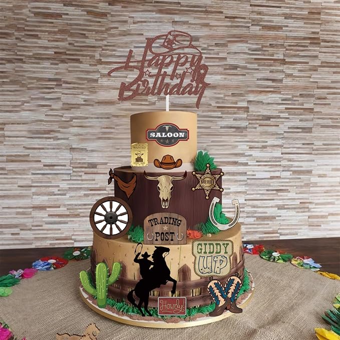 16 Pcs Cowboy Cake Toppers Glitter Cowboy Hat Cake Decorations Western Theme Happy Birthday Party Decoration for Boys Girls , Cowboy Birthday Sign Birthday Decor Party Decor Party Supplies