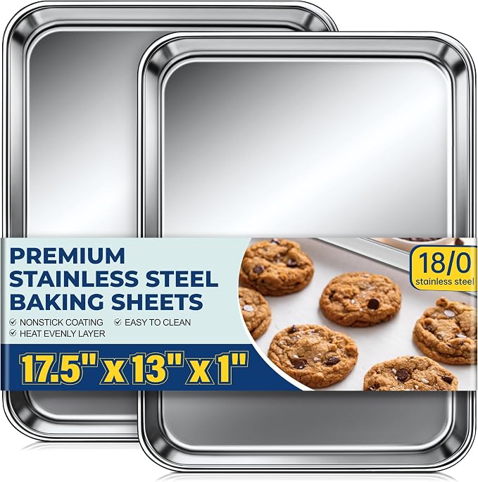 Stainless Steel Baking Sheet Pan Set of 2, Stainless Steel Cookie Sheets for Baking, 18 x 13 Inch Large Baking Tray for Oven, Warp Resistant Nonstick Half Sheet Pan, Heavy Duty & Easy Clean