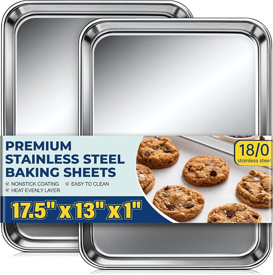 Stainless Steel Baking Sheet Pan Set of 2, Stainless Steel Cookie Sheets for Baking, 18 x 13 Inch Large Baking Tray for Oven, Warp Resistant Nonstick Half Sheet Pan, Heavy Duty & Easy Clean