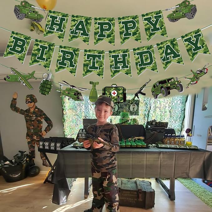 Zwiebeco Camouflage Happy Birthday Party Decoration Green Camo Banner Hanging Paper Bunting Garland Sign for Boys Kids Mens Adults Aoldier Military Themed Accessories Supplies
