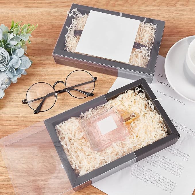 BENECREAT 12 Pack Black Drawer Kraft Boxes with PVC Plastic Window 7.3x5x1.4 Rectangle Paper Gift Boxes for Wedding Party Favor, Candy Jewelry, Gift Packaging