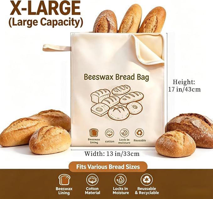 Beeswax Bread Bags for Sourdough, Reusable Linen Cotton Bread Storage Bags with L-Shaped Wide Zipper, Keeps Homemade Bread Fresh Naturally, 2 Pack XL 17"x13"