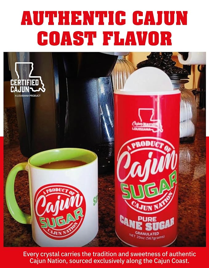 Cajun Nation CAJUN SUGAR 100% Pure Cane Sugar – White Sugar 20oz Canister, Natural Sugar for Coffee, Tea, Baking – Sugarcane Sweetness – The Sweet Is Right – Geaux Get the Red Can! 2-Pack