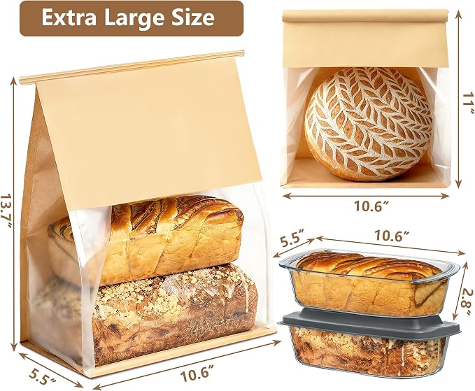 50 Pack Extra Large Paper Bread Bags for Homemade Bread Sourdough Bags, 13.7x10.6x5.5 Inches Resealable Tin Tie Tab Lock Bakery Loaf Bag with Window, Baked Goods Packaging for Gifting and Bake Sale