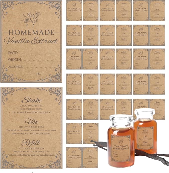 120PCS Homemade Vanilla Extract Labels for Gift Bottles, 60 Sets | 1.5" x 2" Vanilla Extract Stickers with Front & Back Designs for Handcrafted Homemade Bottles & Gifts, Made from Kraft Paper