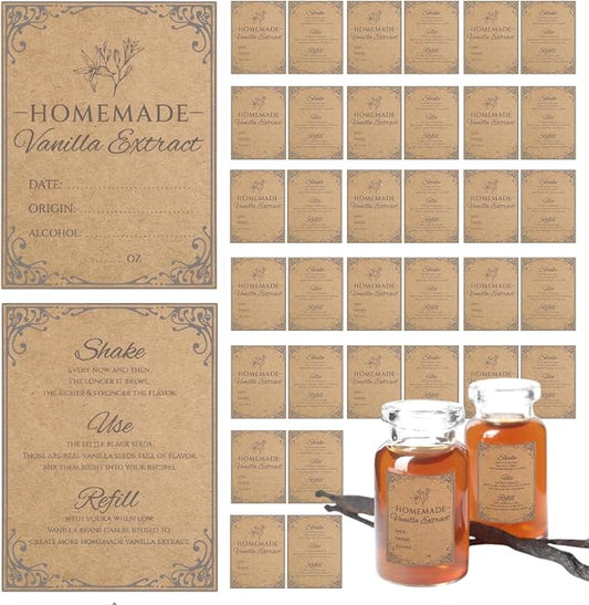 120PCS Homemade Vanilla Extract Labels for Gift Bottles, 60 Sets | 1.5" x 2" Vanilla Extract Stickers with Front & Back Designs for Handcrafted Homemade Bottles & Gifts, Made from Kraft Paper