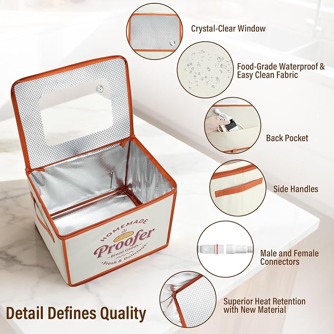Foldable Bread Proofing Box, JOCXSPI 4-Sided Heating Dough Proofer for Sourdough Starter, 68–131°F Temp Control, 99H Timer, Metal Rack, Water Tray, Humidor for Pizza, Yogurt, Kombucha, Baking (Beige)