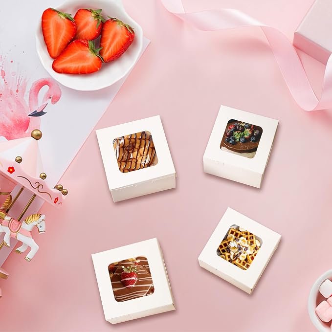 50pcs White Cookie Boxes,4x4x2.5 Inches Treat Boxes with Window for Gifting,Mini Cake,Pastry,Dessert,Bakery,Macaroon,Candy,Donut Boxes(with Stickers)