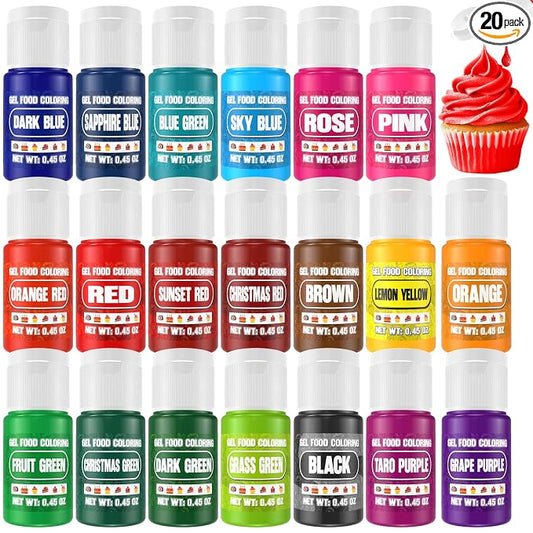 Gel Food Coloring - 20 Colors Gel Food Dye Set, Flavorless Vibrant Edible Concentrated Coloring for Baking, Cake, Cookie, Fondant, Icing, Macaron, Frosting - 0.45 Fl.Oz Bottles