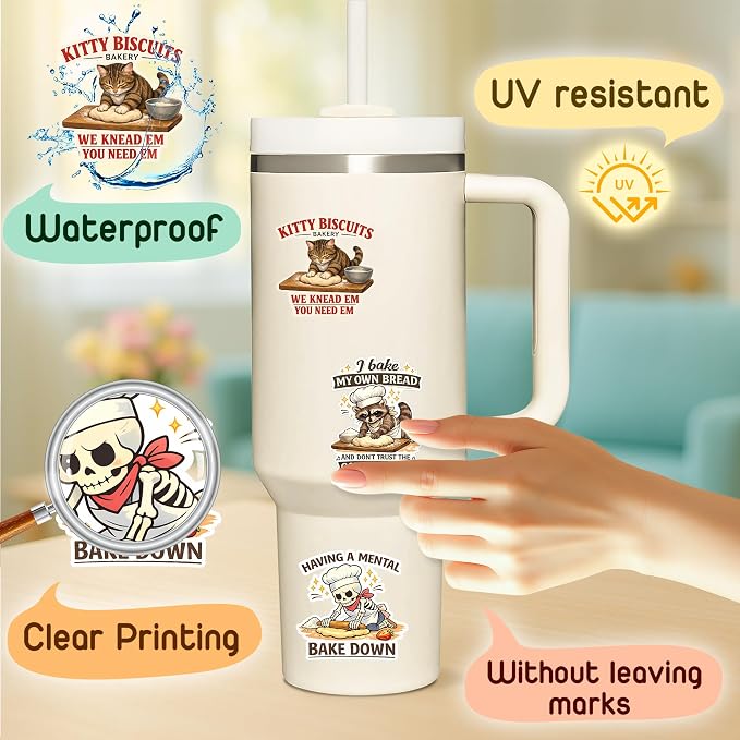 (4 Pcs) Funny Baking Stickers – Waterproof UV DTF Vinyl Baking Stickers for Home Bakers, Funny Baking Stickers for Water Bottles, Scrapbooking, Kitchen Décor, Sourdough & Bakery Lover Sticker Set