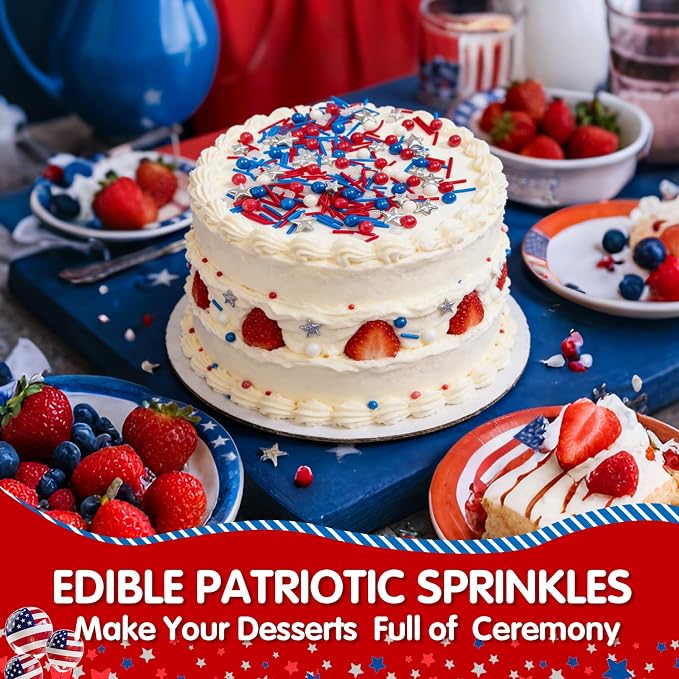 Edible Patriotic Sprinkles for Cake Decorating,130g,July 4th Pearl Sprinkle for Baking Decorations,Blue Red and White Pearls Jimmies,Silver Star and Sugar Crystals Mix,Cookies,Ice Cream,Fondant Cake,Cupcakes,Desserts,Memorial Day,Flag Day,Juneteenth,In...