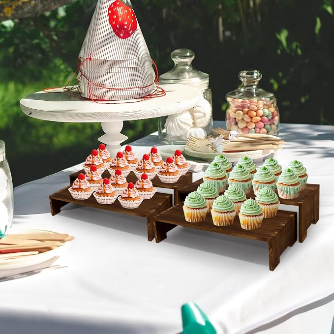 Yikaroeli 4Pcs Large Display Riser Wood Risers Cupcake Display Stand 2 Tier Racks Rectangular, 2 Set Perfume Decorative Display Dessert Stands for Vendors Event (Large/2Pack Brown)
