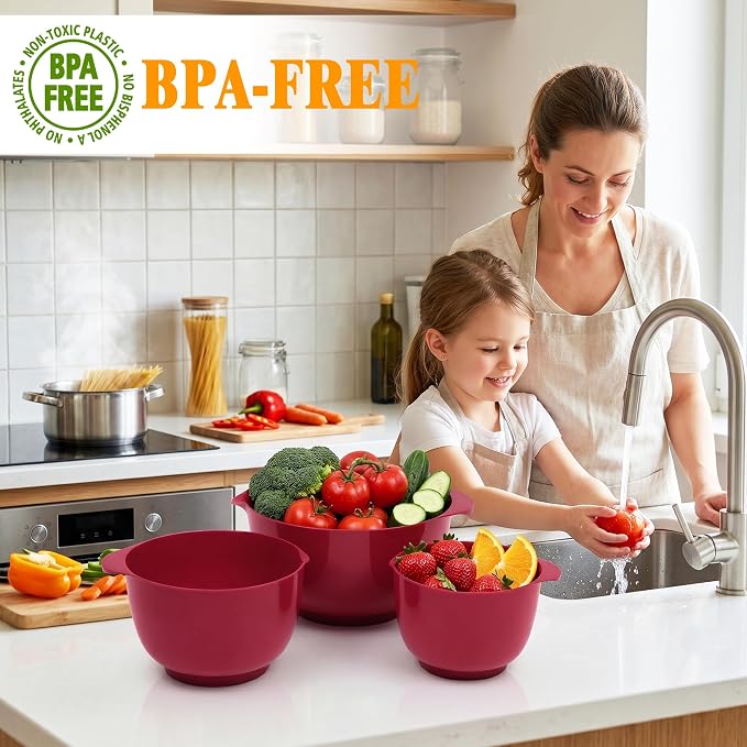 BoxedHome Nesting Plastic Mixing Bowl Set, 4 Piece Mixing Bowl Set with Pour Spouts, Size 1.7, 2.5, 3.5 and 4.5qt, for Prepping, Mixing, Baking, Cooking, Deep Carmine