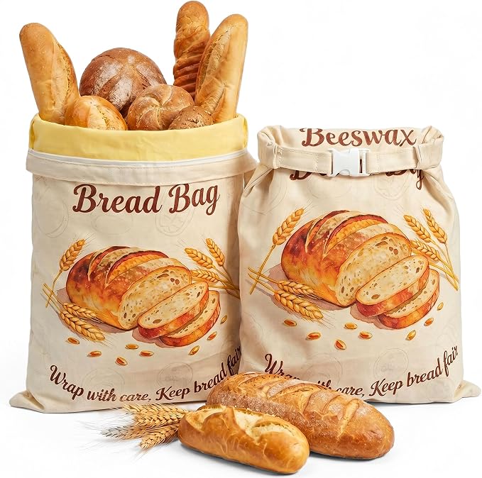 Beeswax Bread Bags for Sourdough, 2 Pack Reusable Bread Bag for Storage XL 17x13 Inch, Large Linen Bags for Homemade Sourdough - Keep Fresh, Freezer Safe