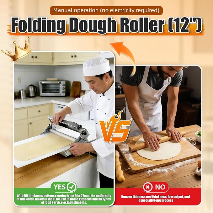 12in Manual Dough Sheeter, Stainless Steel Tabletop Dough Roller Machine, Adjustable Thickness Pastry Sheeter for Pizza, Croissant, Puff Pastry, Fondant and Home Baking