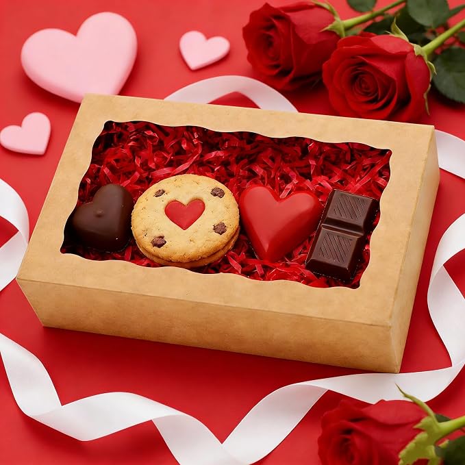 20pcs 8x5x2 Inch Cookie Boxes Bakery Boxes with window Chocolate Covered Strawberries Box Treat Box for Macaroon Dessert Pastry Muffins-Brown