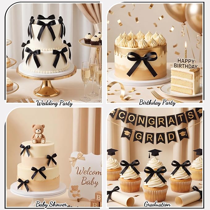 NatNarr 30PCS Black Bows for Cake Bow Cake Topper Pretied Ribbon Bow Cupcake Toppers - Ready to Use for Birthday Wedding Baby Shower Graduation Dessert Display Decorations Simple Elegant Style