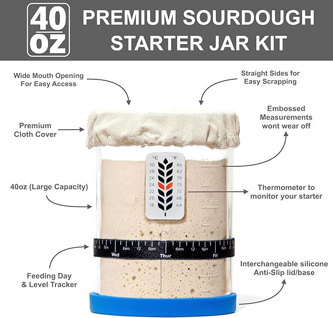 Premium Sourdough Starter Jar - 40oz Large Sourdough Jar with Marked Feeding Band, Scraper, Cloth Cover and Silicone Lid/Base, Wide Mouth Starter Kit - Blue