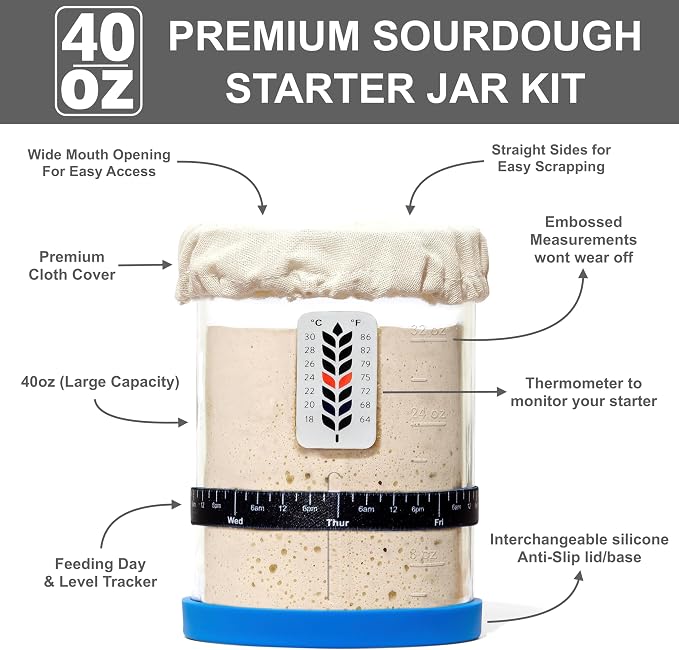 Premium Sourdough Starter Jar - 40oz Large Sourdough Jar with Marked Feeding Band, Scraper, Cloth Cover and Silicone Lid/Base, Wide Mouth Starter Kit - Blue/Red