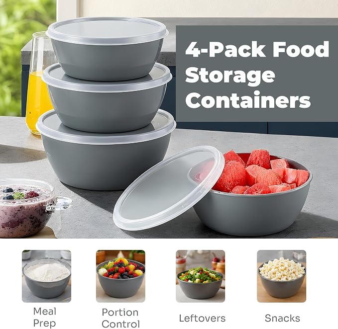 ZHANG XIAO QUAN SINCE 1628 Food Storage Containers Set of 4, PP5 Plastic Fresh-Keeping Container BPA Free, Airtight Lids, Microwave and Freezer Safe, GREY