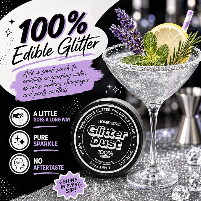 HomeHere Edible Glitter for Drinks & Cakes, 10g Food Grade Disco Diamond Glimmer Dust, Sparkle Powder for Cocktails, Chocolate, Baking Decorations, Vegan& Tasteless (Silvery)