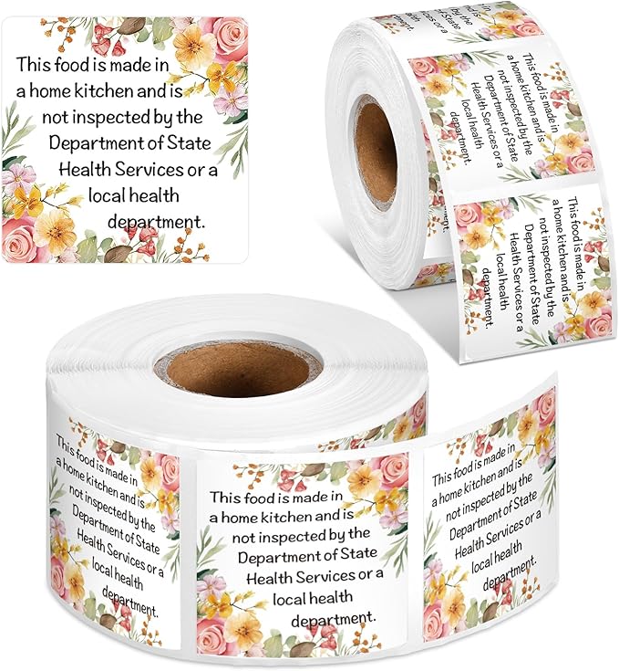 500 Count Cottage Food Law Labels Stickers Floral Printed Home Made Stickers 1.5” Square Thermal Printed Labels for Home Kitchen Bakery Bread Sourdough