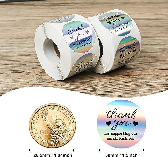 Thank You Stickers Small Business - 1.5 Inch 2 Rolls 1000 Pieces Holographic Thank You for Supporting My Small Business Stickers for Envelopes, Bubble Mailers and Gift Packaging, 500 Pieces Each Roll