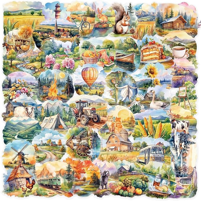 50 Pcs Pastoral Countryside Scrapbook Stickers, Colourful-B4 | Waterproof, Transparent, Vintage Farmhouse Decals, Rustic Nature & Farm Animals & Scenic Landscapes