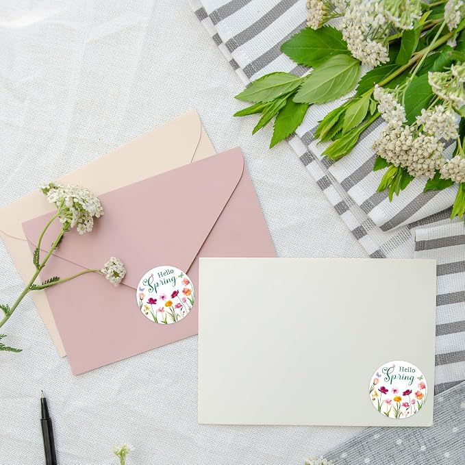 Louise Maelys 500 Pcs Spring Flowers Stickers Roll, 1.5 Inch Hello Spring Floral Holiday for Kids and Adult, Adhesive Decoration Round Labels for Baking Card Gift Envelope Craft Making