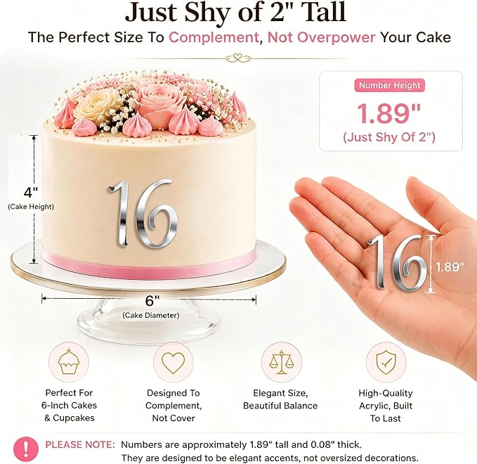 Acrylic Number Cake Topper Silver DIY Mirrored Cake Topper 0-9 Number Set Suitable for Wedding, Birthday, Party Decoration