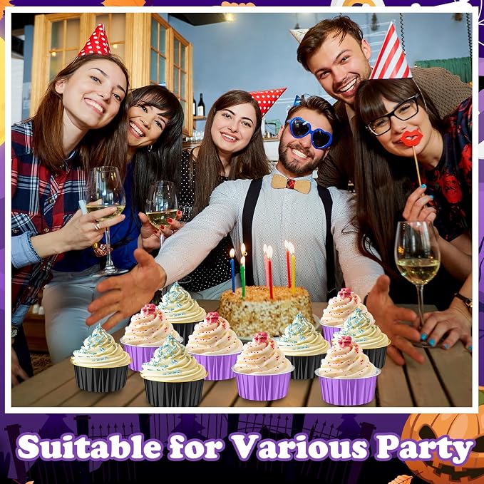 200 Pack Aluminum Foil Cupcake Liners with Lids, 5 oz Round Baking Cup, Disposable Ramekin Container for Graduation Wedding Independence Day Party(Purple and Black,Halloween)