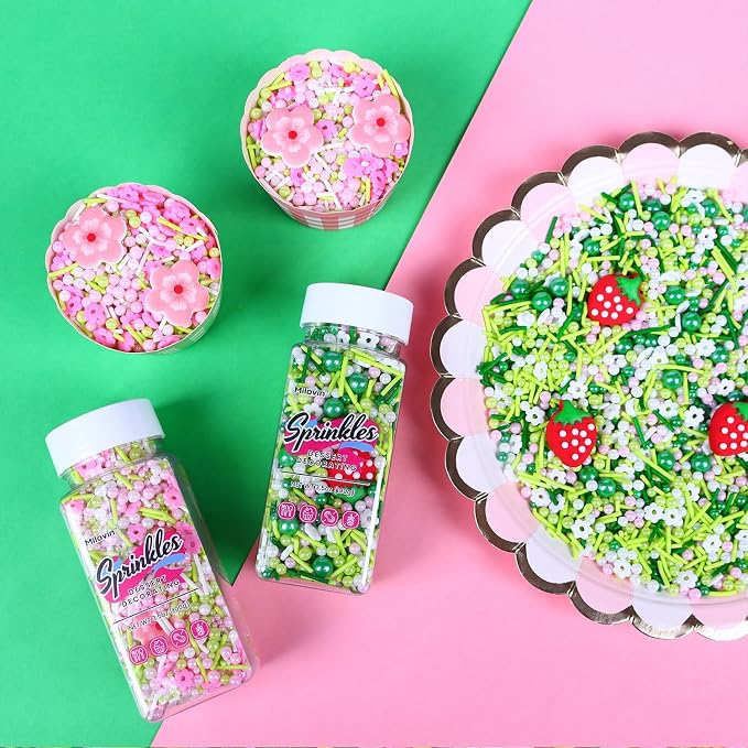 Edible Strawberry Cake Decorations, Spring Sprinkles, Edible Pearls, Jimmies Green Sprinkle, Perfect for Weddings, Parties, Spring Theme with 4 Strawberries (3.5oz/100g)