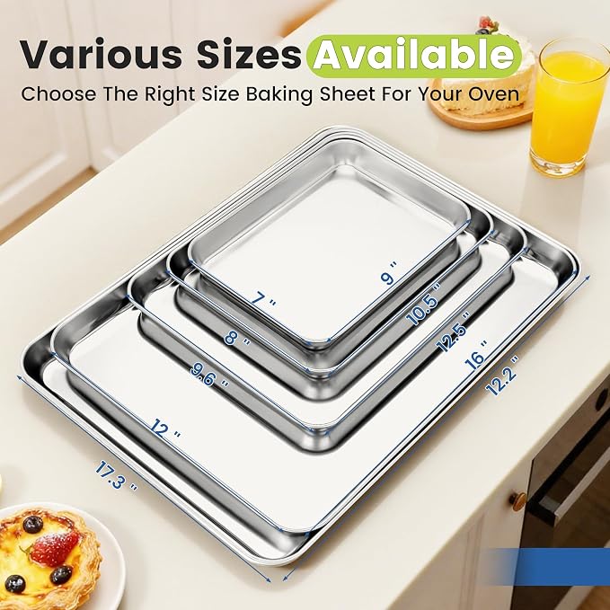 BIEAMA 12 Pack Stainless Steel Toaster Oven Baking Sheets, 9 x 7 in | Stainless steel pans with no chemical coating, mirror-polished finish and rolled edges; dishwasher safe, oven safe to 500°F.