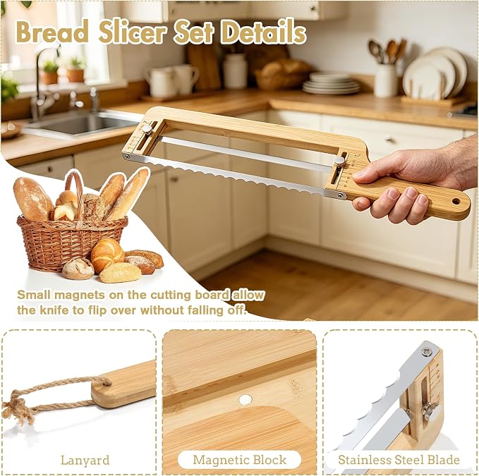 Adjustable Bread Knife Set, Bread Slicer with Cutting Board for Homemade & Sourdough Loaves, Precision Thickness Guide, Magnetic Storage, Bow Bread Cutter Gift for Artisan Bakers