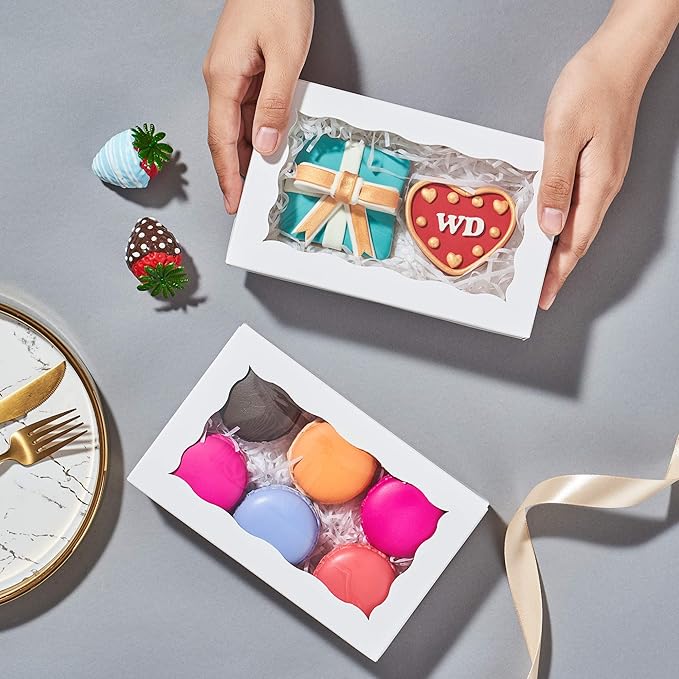 RomanticBaking 24 Pack 7 x 4 3/8 x 1 1/2 inches Cookies Boxes for 2, Auto-Popup Macaron Boxes for 6, Bakery Boxes, High Visibility White Paper Food Box with Clear Window