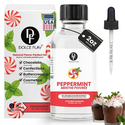 Dolce Flav Natural Peppermint Extract – 2 Ounce Oil-Soluble Kosher, Sugar-Free, Concentrated Pure Mint Flavor for Hard Candy, Chocolates & Baking, Includes Measured Dropper