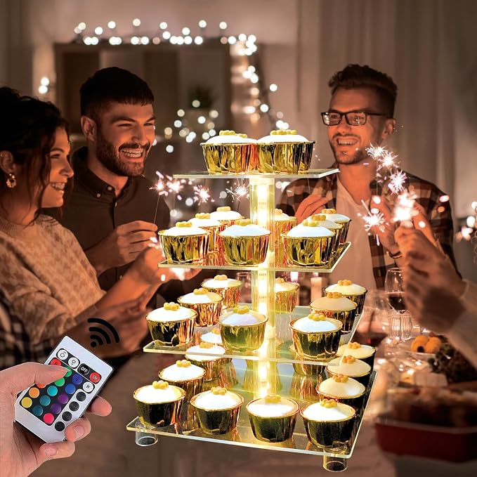 Cupcake Stand Acrylic 4 Tier Tower Display Cupcake Cake Stand with Remote LED Light,Multiple Color Changing Modes,Transparency Serving Tray for Any Parties Events(Standard Size)